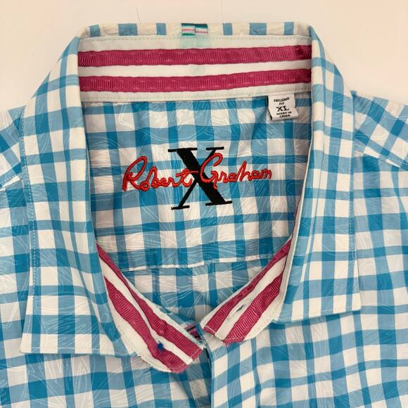 Robert Graham Gingham Short Sleeve Shirt Button-Down Cotton | Men's Size XL - Picture 5 of 12